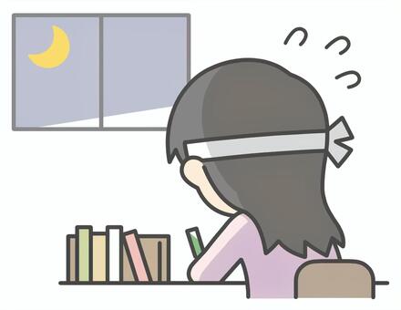 夜に勉強をする女性 勉強,徹夜,受験生,焦る,女性,中学生,高校生,受験,慌てる,ハチマキのイラスト素材