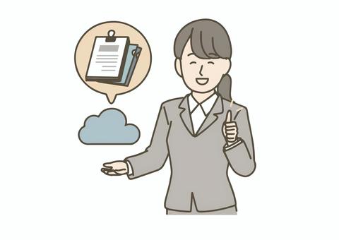 クラウドサービスで書類管理が楽になる女性 女性,ビジネス,スーツ,社会人,会社員,ol,説明,プレゼン,セミナー,営業のイラスト素材