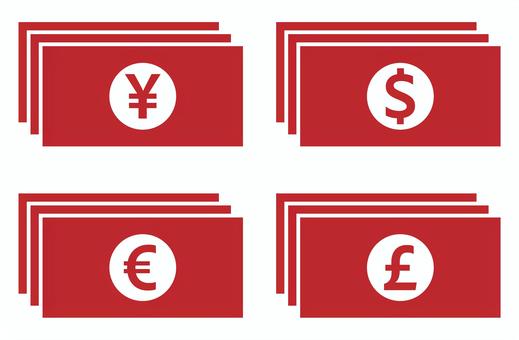 お札アイコン ４種セット 赤 お札,お金,貨幣,紙幣,現金,マネー,銀行,通貨,円,ドルのイラスト素材