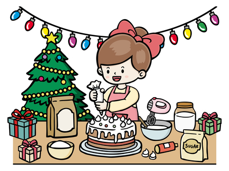 クリスマスケーキを作る女の子 クリスマス,ケーキ,女の子,女性,手作り,お菓子作り,料理,調理,スイーツ,クリームのイラスト素材