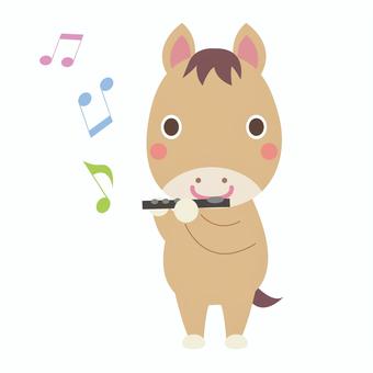 ピッコロを吹く午年の馬 午,馬,ピッコロ,午年,木管楽器,音楽,楽器,演奏,音符,吹奏楽のイラスト素材