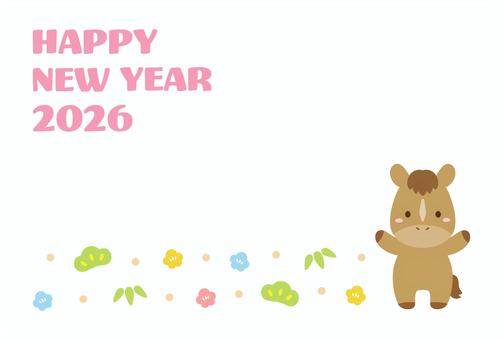 2026年のかわいい馬の年賀状02 年賀状,馬,午,午年,2026年,正月,お正月,フレーム,背景,賀詞のイラスト素材