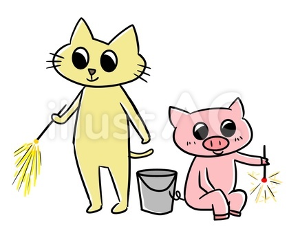 手持ち花火を楽しむ猫と豚のイラスト