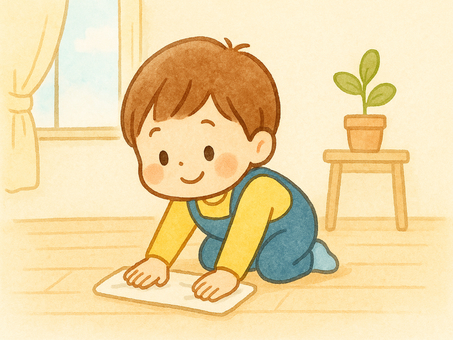床の雑巾がけをする子供(男の子)