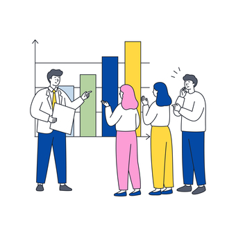 棒グラフを使って説明するビジネスチーム 人物,ビジネス,男女,説明,分析,データ,統計,仕事,会議,プレゼンのイラスト素材