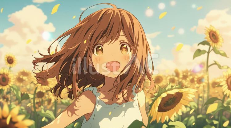 ひまわり畑で笑顔のアニメ調の美少女6 美少女,女性,かわいいのイラスト素材