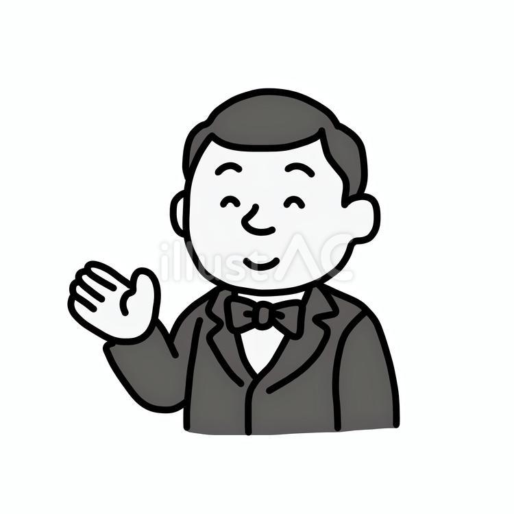 右手をあげた男性の案内人ひげなし 男性,スーツ,蝶ネクタイのイラスト素材