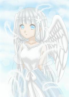 女の子 人物,女の子,キャラクター,天使,白,水色,パステルカラー,一枚絵,かわいい,淡いのイラスト素材