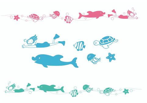 海の仲間と泳ごう！ 海,飾り罫,海の動物,シュノーケリング,かわいい,夏,イラストのイラスト素材