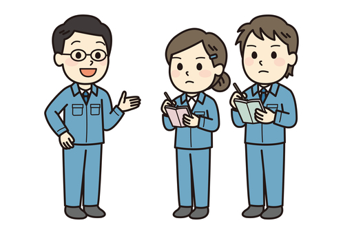 説明する先輩とメモを取る後輩 先輩,後輩,メモ,新人研修,作業服,男女,新入社員,引継ぎ,教育,新人のイラスト素材