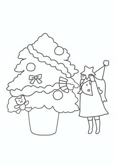 クリスマスツリーの飾り付け クリスマスツリーの飾り付け クリスマスツリー,クリスマス,女の子,星,かわいい,イラスト,塗り絵のイラスト素材