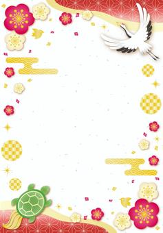 鶴亀と紅白梅の和風フレーム（縦） 鶴,亀,紅白,和,花,梅,キラキラ,かわいい,フレーム,背景のイラスト素材