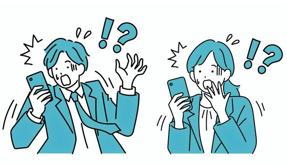 スマホを見て衝撃を受ける男女 スマホ,男女,男性,女性,スマートフォン,携帯電話,衝撃,驚く,トラブル,不安のイラスト素材