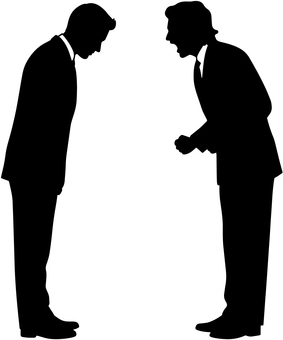 上司に叱責される男性社員のシルエット 叱責,叱る,注意,怒る,怒鳴る,パワハラ,ハラスメント,上司,部下,女性社員のイラスト素材