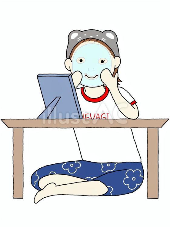 部屋着ガールA（あぐらでフェイスパック） 女の子,女性,パジャマのイラスト素材