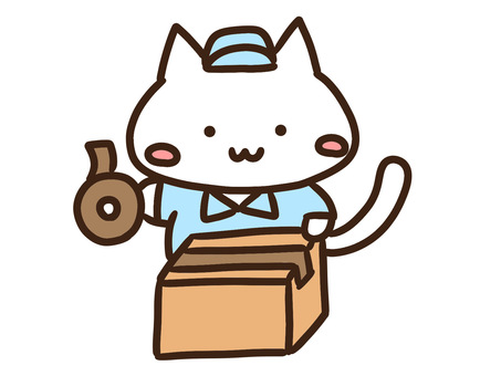 ダンボールを梱包作業するかわいい白ねこ ダンボール,梱包,作業,作業員,ねこ,スタッフ,宅配,出荷,アルバイト,パートのイラスト素材