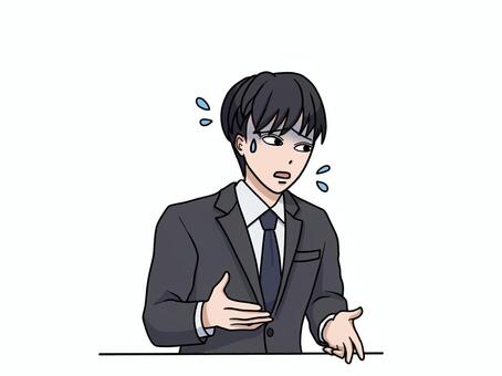 申し訳なさそうに説明するスーツ姿の男性 申し訳ない,説明,スーツ,男性,落ち込む,青ざめる,汗,戸惑う,ビジネス,しょんぼりのイラスト素材