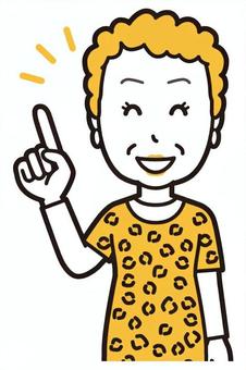  大阪のおばちゃん(黄)-200-バスト 指差し,ニコニコ,おばちゃん,大阪,ヒョウ柄,おばはん,中年,女性,関西,派手のイラスト素材