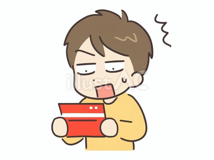 通帳を見て驚く私服の若い男性 男性,お金,悩みのイラスト素材