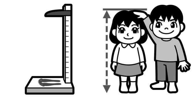 子供と身長計のイラスト 子供,児童,男の子,女の子,かわいい,身長計,背比べ,身体計測,白黒,シンプルのイラスト素材