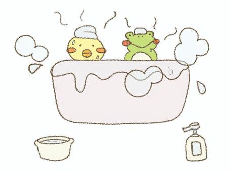 Illustration, bath, chick, frog, 