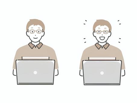 PC作業中のメガネの男性（集中・笑顔） 男性,人物,若い,大人,メガネ,パソコン,ノートパソコン,タイピング,集中,仕事のイラスト素材
