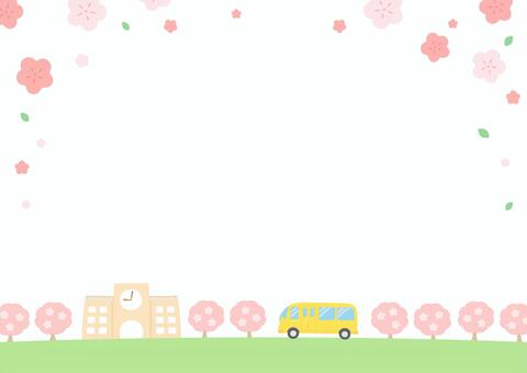 春の桜と学校とスクールバス 春,桜,学校,校舎,校庭,スクールバス,乗り物,かわいい,背景,イラストのイラスト素材