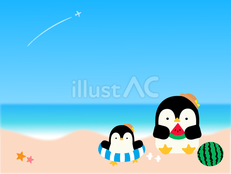 夏　海　ペンギン　スイカ 暑中見舞い,夏,海のイラスト素材