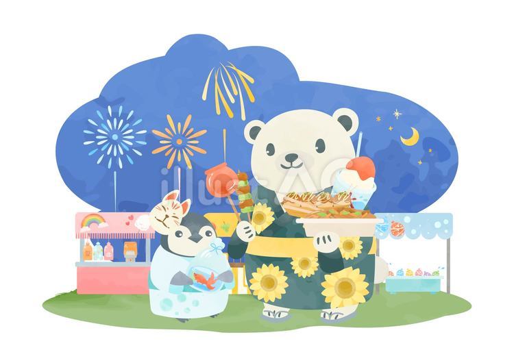 夏祭りを楽しむシロクマとペンギン 夏,お祭り,屋台のイラスト素材