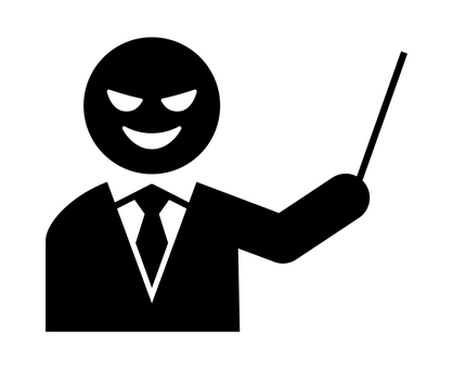悪い顔の指示棒を持つネクタイの人 詐欺師,悪徳業者,人物,悪人,アイコン,マルチ商法,説明,解説,セミナー,指示棒のイラスト素材