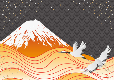 かっこいい夕暮れの富士山と海の背景素材 和風,和柄,富士山,海,波,鶴,紙吹雪,背景のイラスト素材