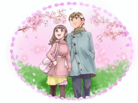 桜の下でデートする男女カップルイラスト デート,カップル,男性,女性,桜,植物,春のイラスト素材