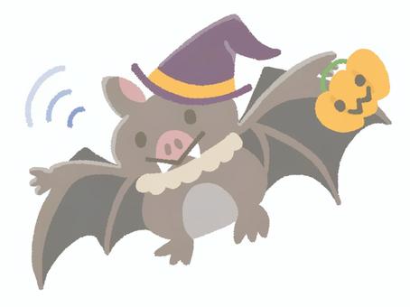 ハロウィンの格好をしているコウモリ コウモリ,ハロウィン,三角帽子,カボチャ,動物,飛ぶ,羽根,黒色,手描き,デフォルメのイラスト素材