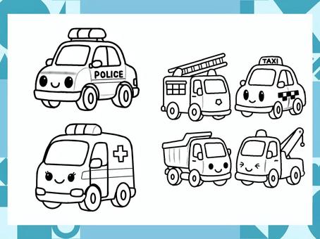 アルファベット ぬりえ はたらく車 アルファベット ぬりえ はたらく車 ぬりえ,かわいい,パトカー,救急車,トラック,イラストのイラスト素材