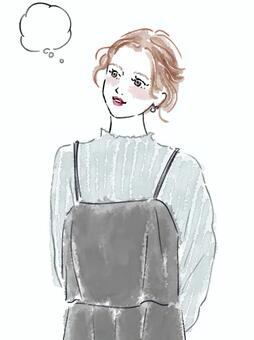 見上げるキャミソールの女性と吹き出し 女性,吹き出し,見上げる,考える,ファッション,ナチュラル,大人女子,手描き,お姉さん,挿し絵のイラスト素材