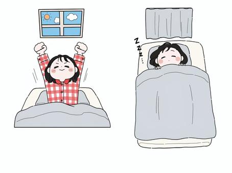 起床＆就寝 女性,おはよう,おやすみ,朝,夜,目覚め,眠る,ビジネス,ブログ,snsのイラスト素材