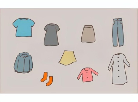 色々な洋服のイラスト 洋服,スカート,パーカー,tシャツ,パンツ,靴下,カーディガンのイラスト素材