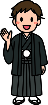 黒のお正月の男性です。 お正月,シンプル,和装,和服,成人式,卒業式,コスチューム,正装,日本,男性のイラスト素材