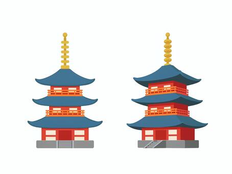 三重塔 朱塗り青瓦アイコン(正面・斜め） 三重塔,塔,仏塔,お寺,寺,寺院,神社仏閣,観光,観光地,京都のイラスト素材