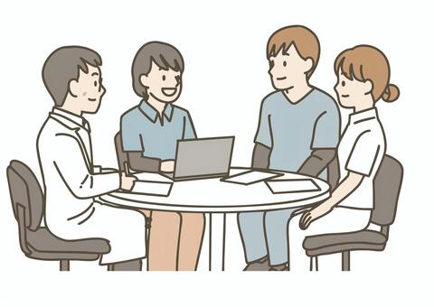 医師と介護士・看護師の多職種連携会議 多職種連携,チーム医療,介護士,看護師,医師,ドクター,会議,ミーティング,打ち合わせ,相談のイラスト素材