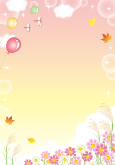 秋桜とすすきのふんわり秋カード２（縦） 秋,秋桜,花,キラキラ,フレーム,背景,カード,壁紙,コスモス,空のイラスト素材