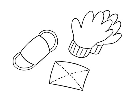 お掃除3点セット（軍手、マスク、雑巾） 大掃除,軍手,マスク,雑巾,手描き,シンプルのイラスト素材
