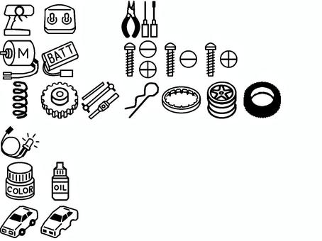 ラジコンパーツ・アイコン・線画・セット オイル,塗料,ギア,タイヤ,ホイール,ビス,プロポ,ニッパー,モーター,バッテリーのイラスト素材