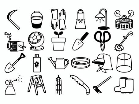 園芸用品のアイコンセット 園芸,趣味,ホビー,かわいい,アイコン,モノクロ,シンプル,セット線画,手袋,白黒のイラスト素材