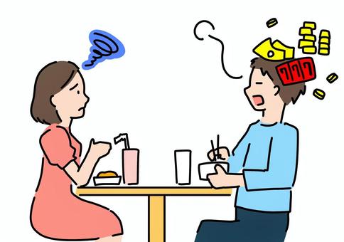 食事中もギャンブル頭な男性　カラー ギャンブル,依存症,中毒,男性,異常,食事中,お金,スロット,カラーのイラスト素材