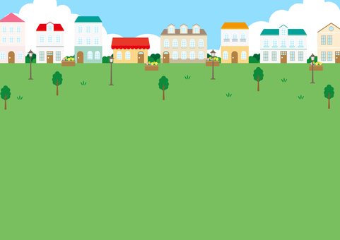 北欧風の可愛い街並みのイラスト風景 北欧風の可愛い街並みのイラスト風景 街,家,街灯,木,欧州,北欧風,花壇,青空,雲,イラストのイラスト素材