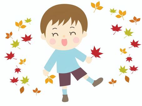 落ち葉を持った男の子_園児 紅葉,落ち葉,紅葉狩り,園児,秋,保育園,幼稚園,子供,男の子,保育園児のイラスト素材