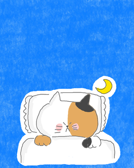 眠る三毛猫ちゃん♪ かわいい,眠る,寝る,睡眠,夜,就寝,月,三日月,お月さま,布団のイラスト素材