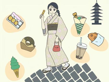 着物で京都食べ歩き 食べ歩き,着物,観光,京都,女の子,スイーツ,和風,団子,たい焼き,ソフトクリームのイラスト素材