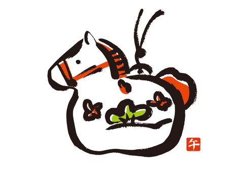 筆で描いたかわいい馬の置物 午,午年,馬,ワンポイント,年賀状,土鈴,2026,金,和風,和のイラスト素材